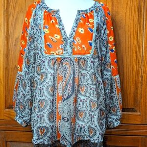 Love, Fire L long sleeve flowy blue/orange paisley/floral‎ sheer peasant top